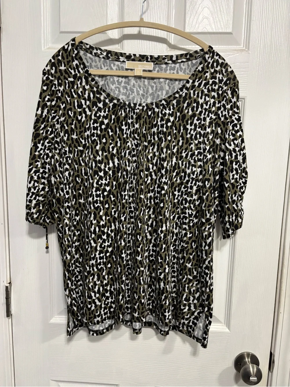 Michael Kors Olive and Black Leopard Print Short Sleeve Top